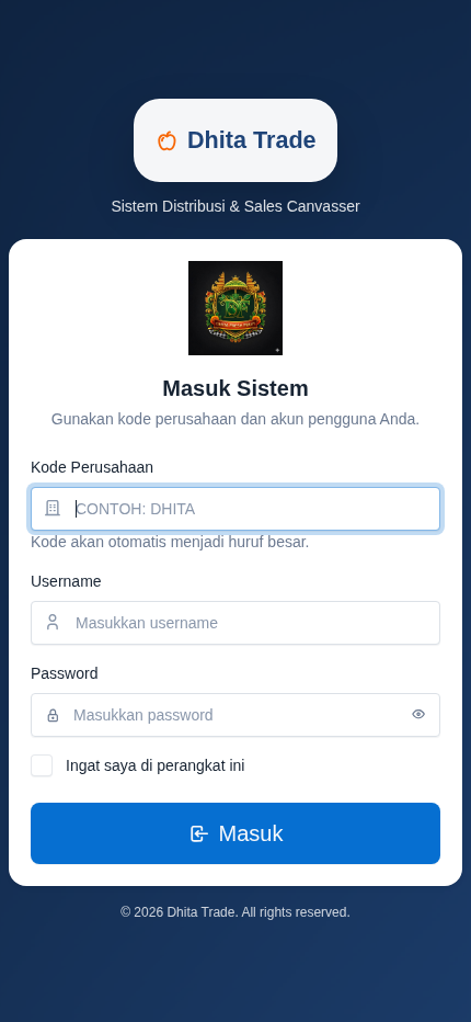 Dhita Fresh Bali mobile login interface