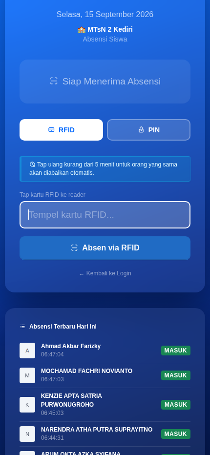 Kiosk Absensi RFID MTsN 2 Kediri versi mobile