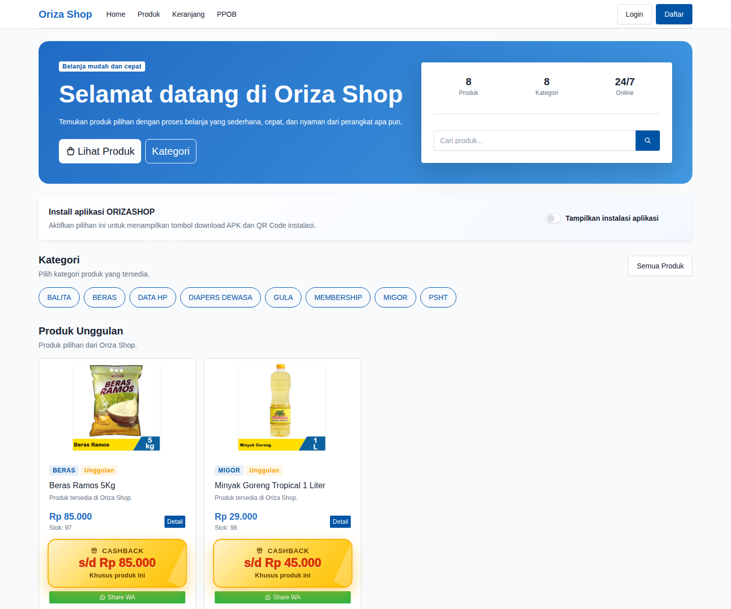 OrizaShop — Platform Commerce & PPOB Terintegrasi Web + Flutter